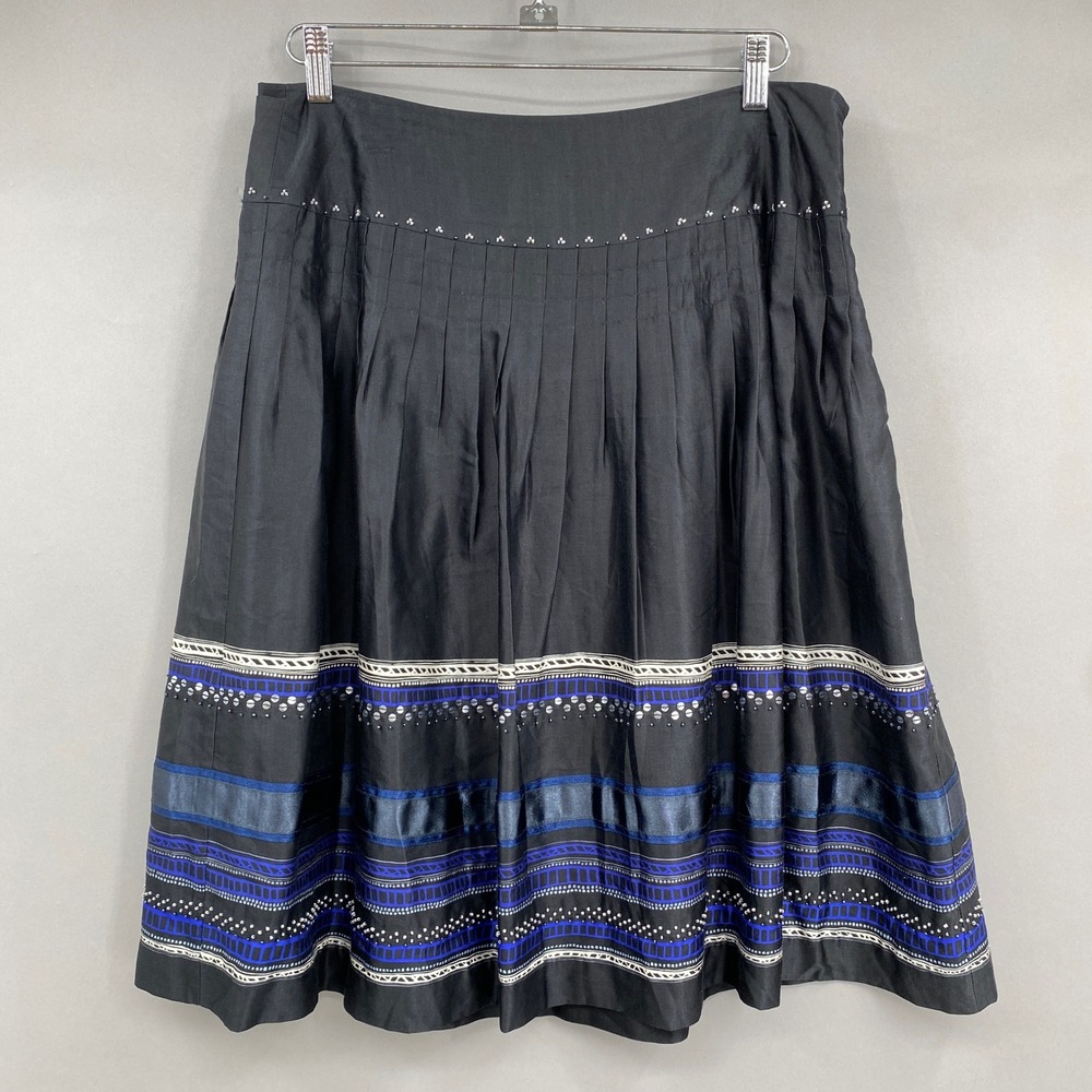 Y2K Alfani Pleated Beaded Midi Skirt Womens 10 Black Silk Blend Geometric Boho